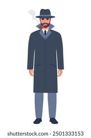 Detective privado con sombrero gris y abrigo. Personaje de hombre guapo con pipa de fumar. Ilustración vectorial aislada sobre fondo blanco