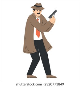 Un detective privado con un vector de arma aislado. Ilustración de un personaje de sexo masculino con una bata que sostiene una pistola y un delincuente encapuchado. Investigación criminal, persecución. Espía armada.