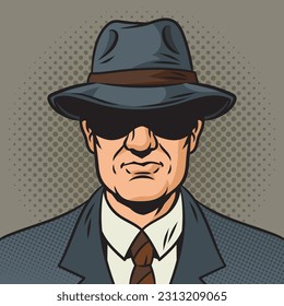 private detective with hat pinup pop art retro vector illustration. Comic book style imitation.