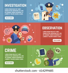 Private detective horizontal banners set with observation symbols flat isolated vector illustration