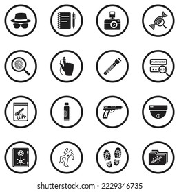 Private Detektivsymbole. Schwarzes Flachdesign im Kreis. Vektorgrafik.