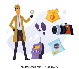 Private Detective Is Investigating - Modern Colored Vector Poster On White Background With Man In A Coat, Hat With Magnifying Glass, Walkie-talkie, Bag Of Evidence, Footprints, Camera, Police Badge