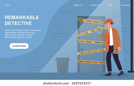 Private detective and investigation concept with a detective examining the entrance to the crime scene. Flat cartoon vector illustration.