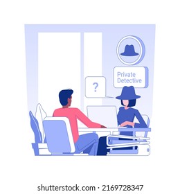 Private detective investigation isolated concept vector illustration. Woman interviewing people as a private detective, business people, legal service, meeting with customer vector concept.