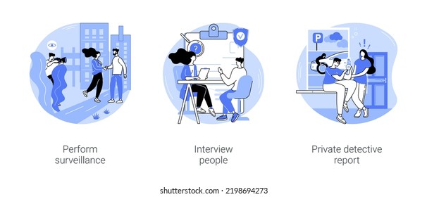 Private detective isolated cartoon vector illustrations set. Private detective taking photos of couple, collect evidence, interview people, present investigation report to client vector cartoon.