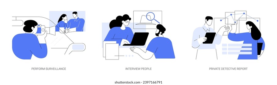 Private detective isolated cartoon vector illustrations set. Private detective taking photos of couple, collect evidence, interview people, present investigation report to client vector cartoon.