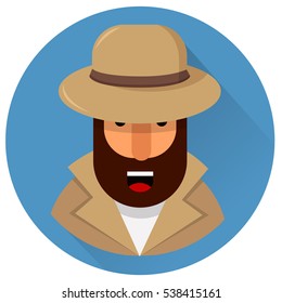 Private detective in light brown hat and coat. Geometric bearded character. Vector people illustration. Design element. EPS10