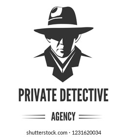 Private detective logo of vector man in hat for investigation service agency or secret spy agent on white background