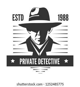 Private detective logo of vector man in hat for investigation service agency or secret spy agent on white background