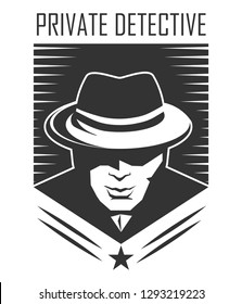 Logotipo de detective privado de hombre vector en sombrero para agencia de investigación o agente espía secreto sobre fondo blanco