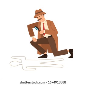 Private detective look through magnifying glass at crime scene vector flat illustration. Professional cartoon inspector hold magnifier near dead body isolated on white. Secret agent finding evidence