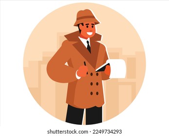 Private detective makes notes in a notepad. Vector graphics