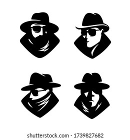 Private detective men in hats mascot set. Four different mysterious men in sun glasses isolated on white background. Detective agency logo template design elements. Vector illustration.