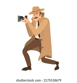 Private detective with mustache vector illustration. Cartoon character in coat and hat, investigator or inspector solving mystery isolated on white