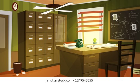Private detective office interior cartoon vector with retro telephone and papers on work desk, case for dossiers, chalkboard with schemes and suspects photos illustration. Company clerk workplace