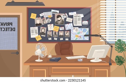 Private detective office workplace interior flat vector illustration. Police office with investigation board. Room with desk table, investigator board showing research and analysis about crime