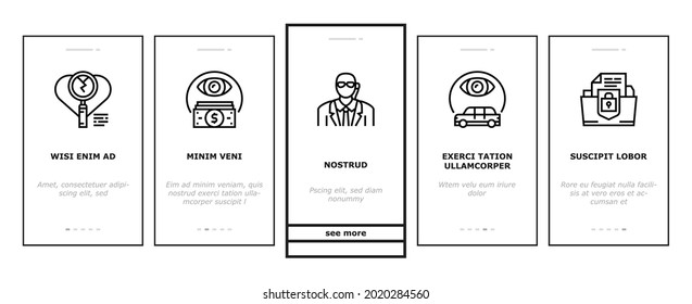 Private Detective Onboarding Mobile App Page Screen Vector. Detective Job For Protection Of Intellectual Property And Information, Money And Vehicle Tracking Illustrations