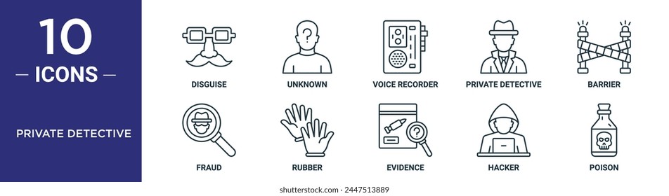 private detective outline icon set includes thin line disguise, unknown, voice recorder, private detective, barrier, fraud, rubber icons for report, presentation, diagram, web design