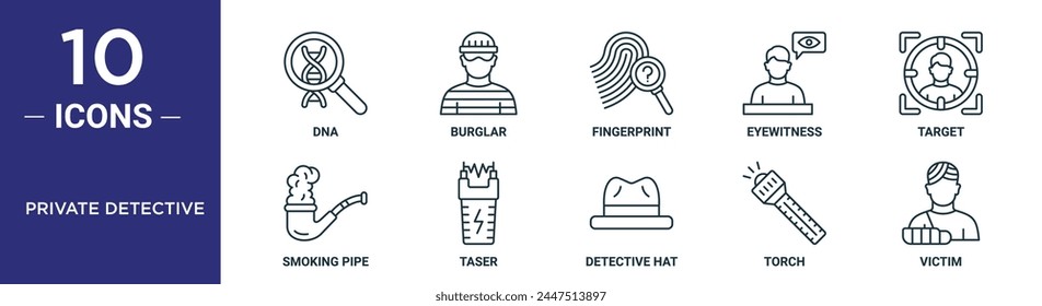 private detective outline icon set includes thin line dna, burglar, fingerprint, eyewitness, target, smoking pipe, taser icons for report, presentation, diagram, web design