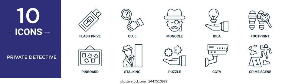 private detective outline icon set includes thin line flash drive, clue, monocle, idea, footprint, pinboard, stalking icons for report, presentation, diagram, web design