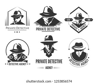 Private detective promotional monochrome emblems with man in hat and classic coat. Investigation service logo with special officer isolated cartoon flat vector illustrations set on white background.