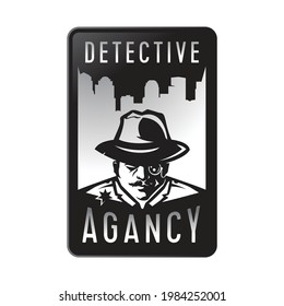 Private detective promotional monochrome emblems with man in hat and classic coat. Investigation service logo with special officer isolated cartoon flat vector illustrations set on white background.