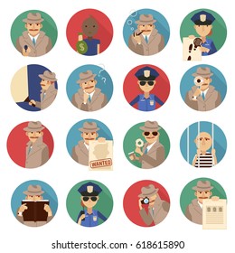 Private detective round icons set with investigation symbols flat isolated vector illustration