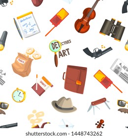 Private Detective Seamless Pattern, Investigators Equipment and Accessories Frame with Place for Text, Design Element Can Be Used for Wallpaper, Packaging, Background Vector Illustration