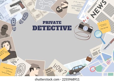 Private detective service vector. Photo camera, notes sticker, newspaper article, clues analytics information illustration. Poster template with empty copy space.