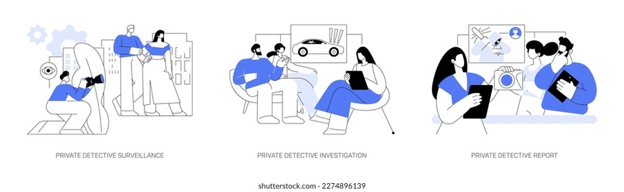 Private detective services abstract concept vector illustration set. Private detective surveillance and investigation, report to a client, interviewing people, watching a couple abstract metaphor.