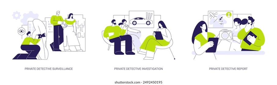 Conjunto de Ilustración vectorial de concepto abstracto de servicios de detectives privados. Vigilancia e investigación de detective privado, informe a un cliente, entrevistando a la gente, viendo un par de metáforas abstractas.