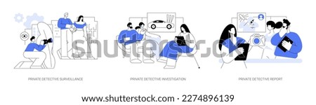 Private detective services abstract concept vector illustration set. Private detective surveillance and investigation, report to a client, interviewing people, watching a couple abstract metaphor.