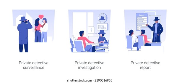 Private detective services isolated concept vector illustration set. Private detective surveillance and investigation, report to a client, interviewing people, watching a couple vector cartoon.