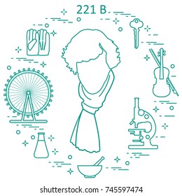 Private detective Sherlock Holmes with variety tools and equipment. The hero of the popular TV series. Design for announcement, print.