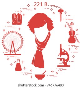 Private detective Sherlock Holmes with variety tools and equipment. The hero of the popular TV series. Design for announcement, print.