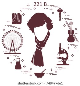 Private detective Sherlock Holmes with variety tools and equipment. The hero of the popular TV series. Design for announcement, print.