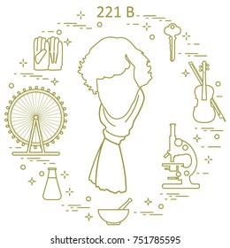 Private detective Sherlock Holmes with variety tools and equipment. The hero of the popular TV series. Design for announcement, print.
