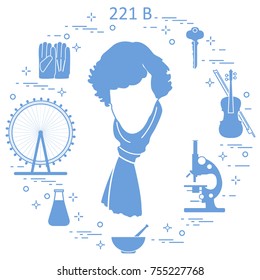 Private detective Sherlock Holmes with variety tools and equipment. The hero of the popular TV series. Design for announcement, print.