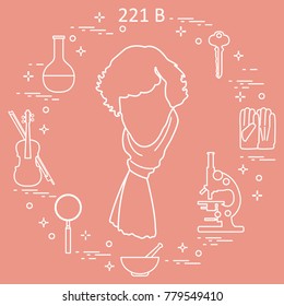 Private detective Sherlock Holmes with variety tools and equipment. Design for announcement, print.
