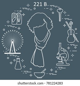 Private detective Sherlock Holmes with variety tools and equipment. The hero of the popular TV series. Design for announcement, print.