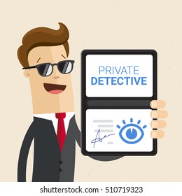 Private detective shows identity document. Vector, illustration, flat.