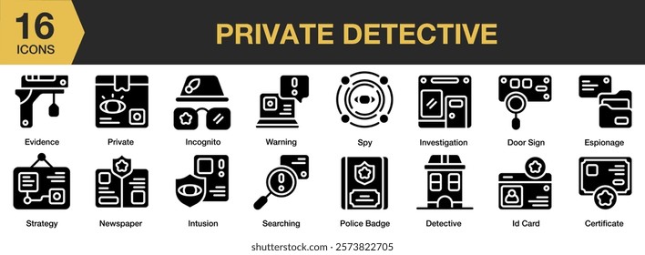 Private Detective solid icon set. Includes police, investigator, office, criminal, case, inspector, and More. Solid icons vector collection.
