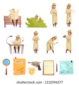 Private Detective Spy Work Cartoon Icons Collection With Revolver Magnifier Forensic Evidence Secret Documents Isolated Vector Illustration 