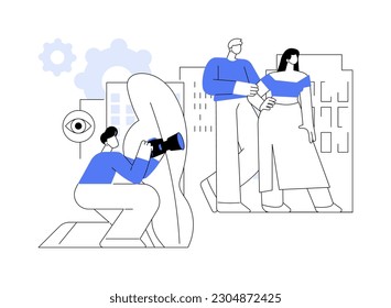 Private detective surveillance abstract concept vector illustration. Professional private detective with camera watching a couple, adultery idea, business people, legal service abstract metaphor.
