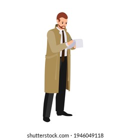 Private detective vector flat illustration. Inspector in coat, hat and mustache hold magnifier watch on mystery footprint isolated on white background