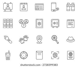 Conjunto de iconos de Vector de detective privado. Desconocido, Desaparecido, Detective cap, Glabs, Antorcha, Ilustración vectorial.
