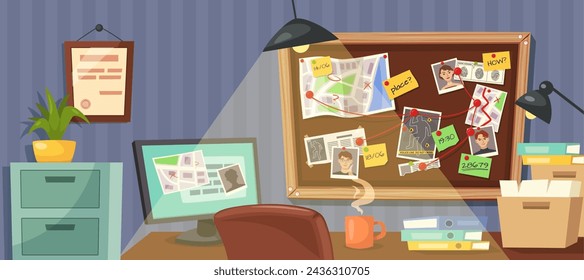 Private detective workplace. Office scene with investigation board, desk cluttered with evidence files cartoon vector illustration. Crime with suspects fingerprints, map and photos