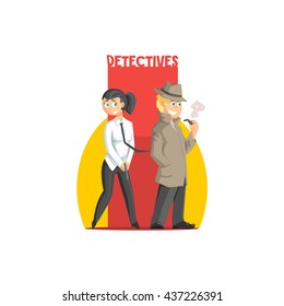 Private Detectives Couple Banner Flat Simplified Colorful Vector Illustration Isolated On White Background