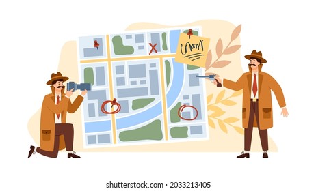 Private detectives or spies male cartoon characters against investigation board and crime site map, flat vector illustration isolated on white background.