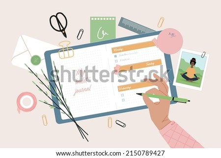 A private diary top view, cute personal belongings on the background, a memory book. Vector illustration in a flat style